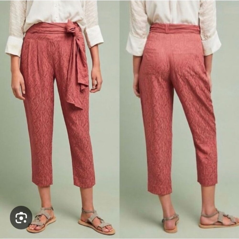 Anthropologie Ett Twa 4 Rose Jacquard Aubade Tie Waist Cropped Boho Trousers